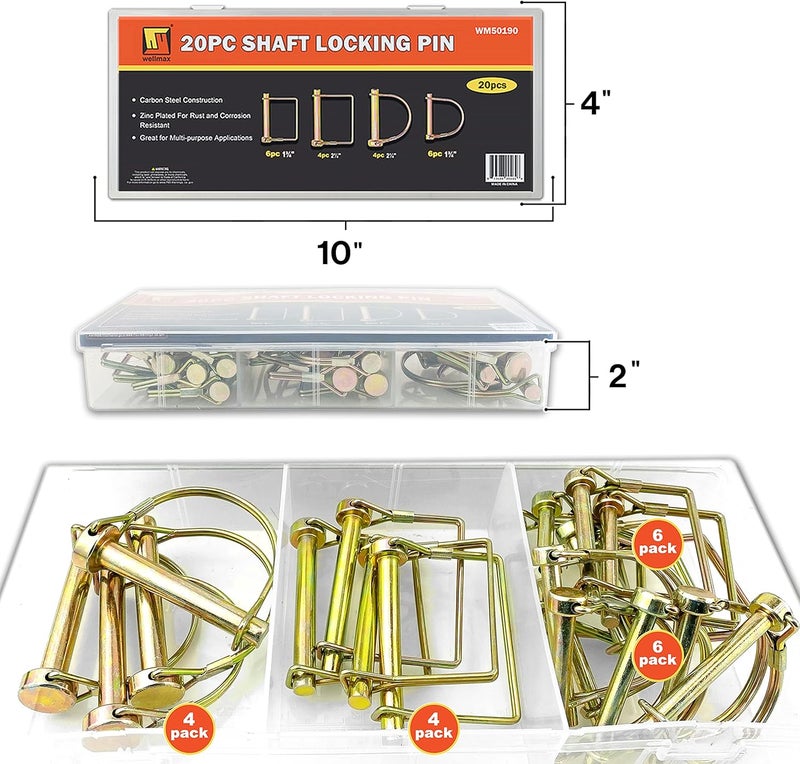 Wellmax 20 Pcs Shaft Locking Pin in 1/4", 5/16" and 3/8" Diameter Zinc-Plated Heavy Duty Safety Pins, Trailer Hitch Pin for Trailer Lock and Hitch Pin Lock for Farm Lawn Garden Wagons, Gold Color - Image 2